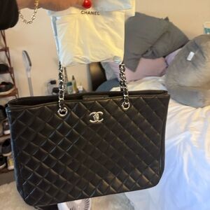 Chanel Black Quilted Tote with Silver Chain